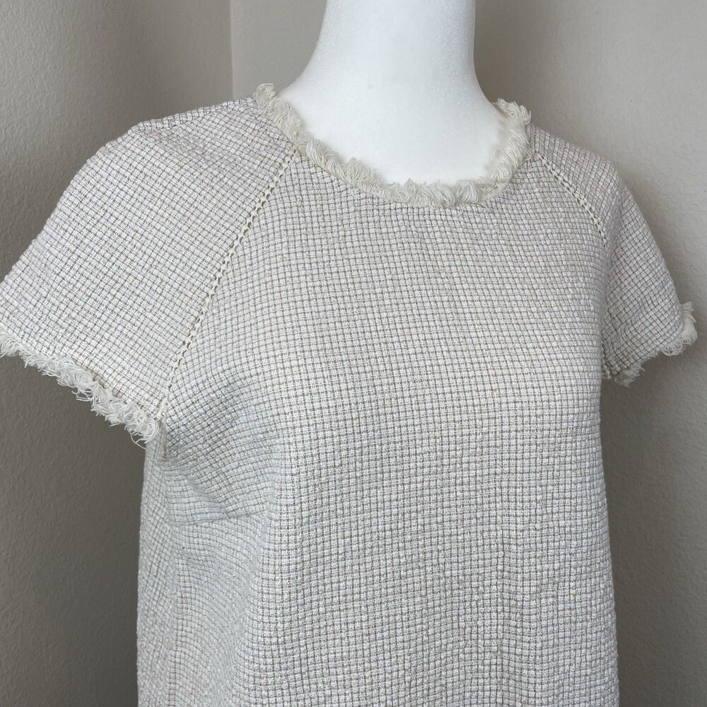 J.O.A Tweed Top Frayed Edges Short Sleeve Lightweight Bohemian Mini Cream-M